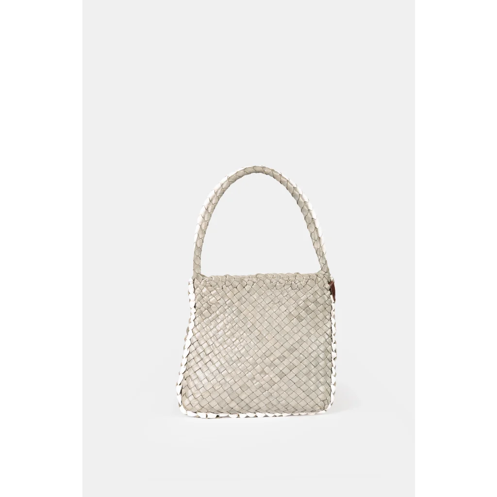 grey shoulderbag with white and brown details