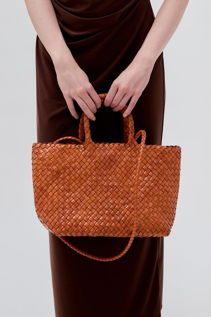model wearing orange middle bag