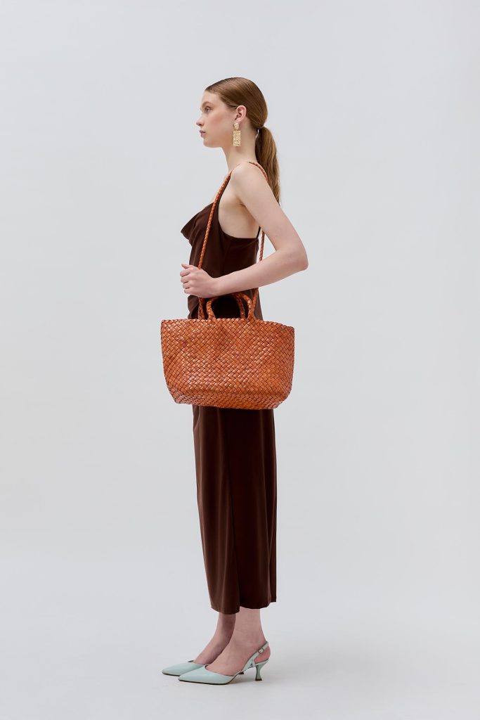 model wearing orange middle bag